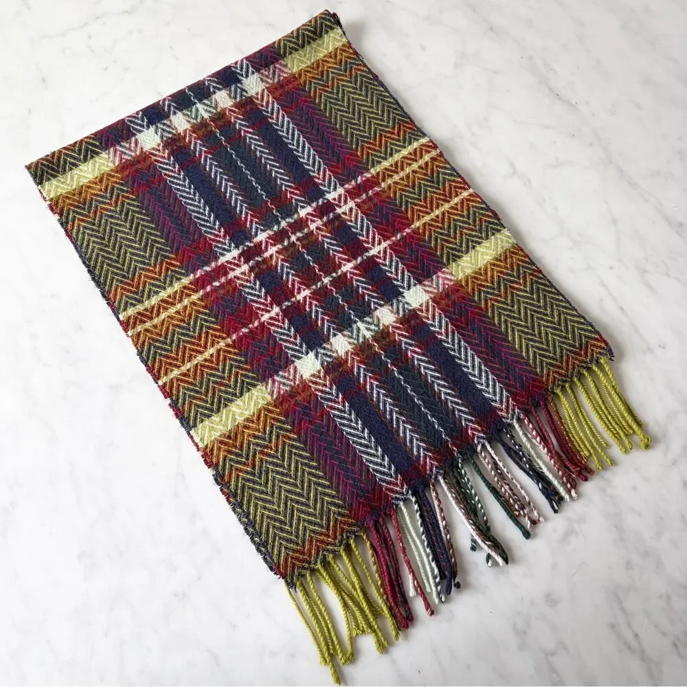 Vintage Cashmere Scarf Made in Scotland Plaid Tartan Magenta Blue Yellow-Green
